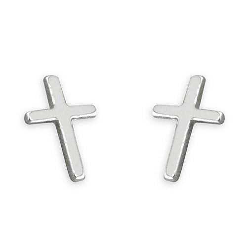Sterling Silver Small Plain Cross Stud Earrings - Re-vived