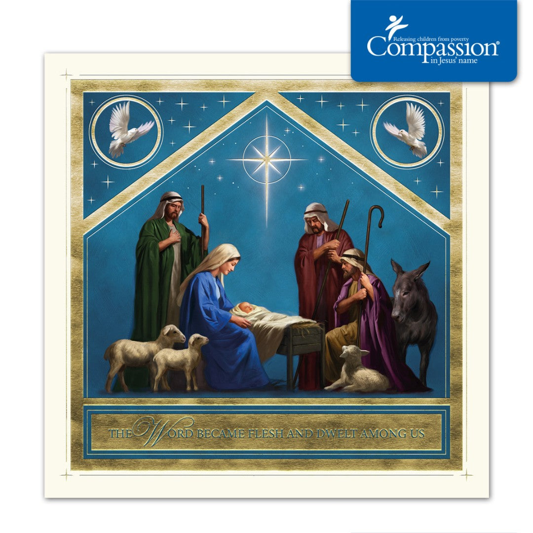 Compassion Charity Christmas Cards: Gold Stable (Pack Of 10) - Re-vived