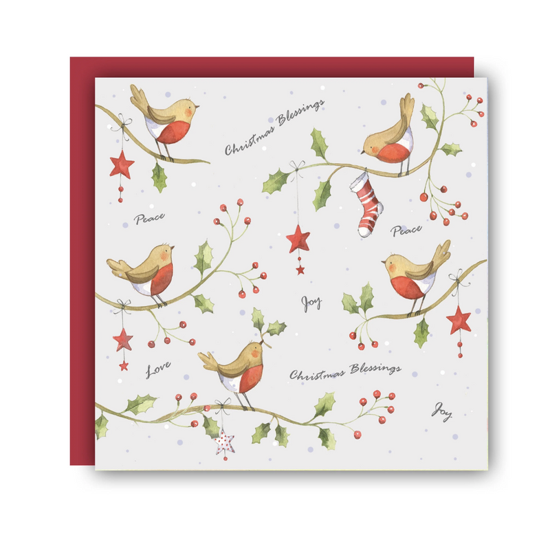 Five Robins (Blank Inside) Christmas Cards (Pack of 5)