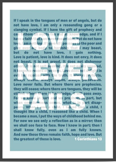 Love Never Fails - 1 Corinthians 13 - A3 Print - Blue - Re-vived
