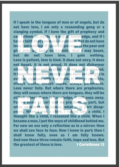 Love Never Fails - 1 Corinthians 13 - A4 Print - Blue