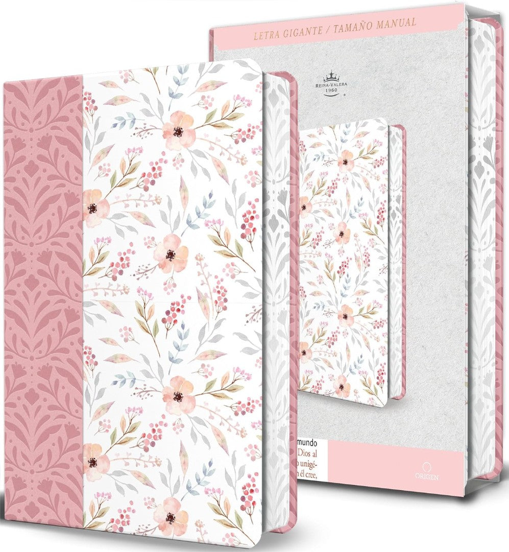 Biblia RVR60 Letra Gigante, Simil Rosada Con Flores Y Cantos