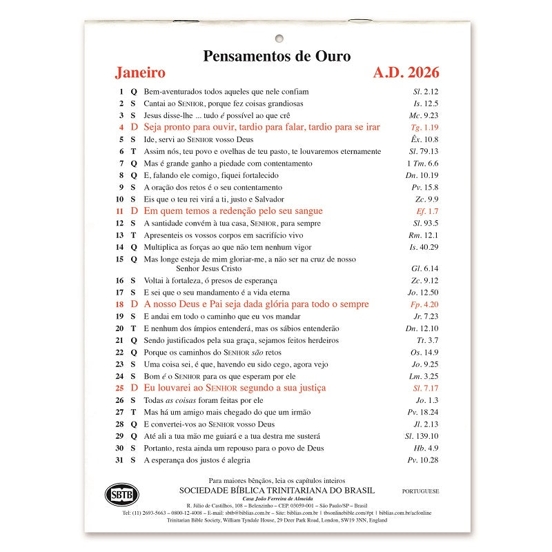 Portuguese Golden Thoughts Calendar 2026