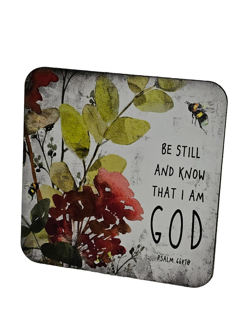Bible Coaster - Be Still And Know - Red Flower And Bee - Re-vived