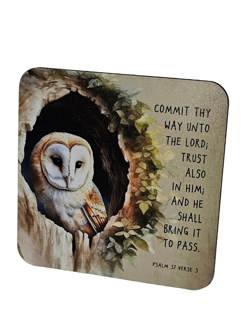 Bible Coaster - Commit Thy Way Unto The Lord - Owl - Re-vived