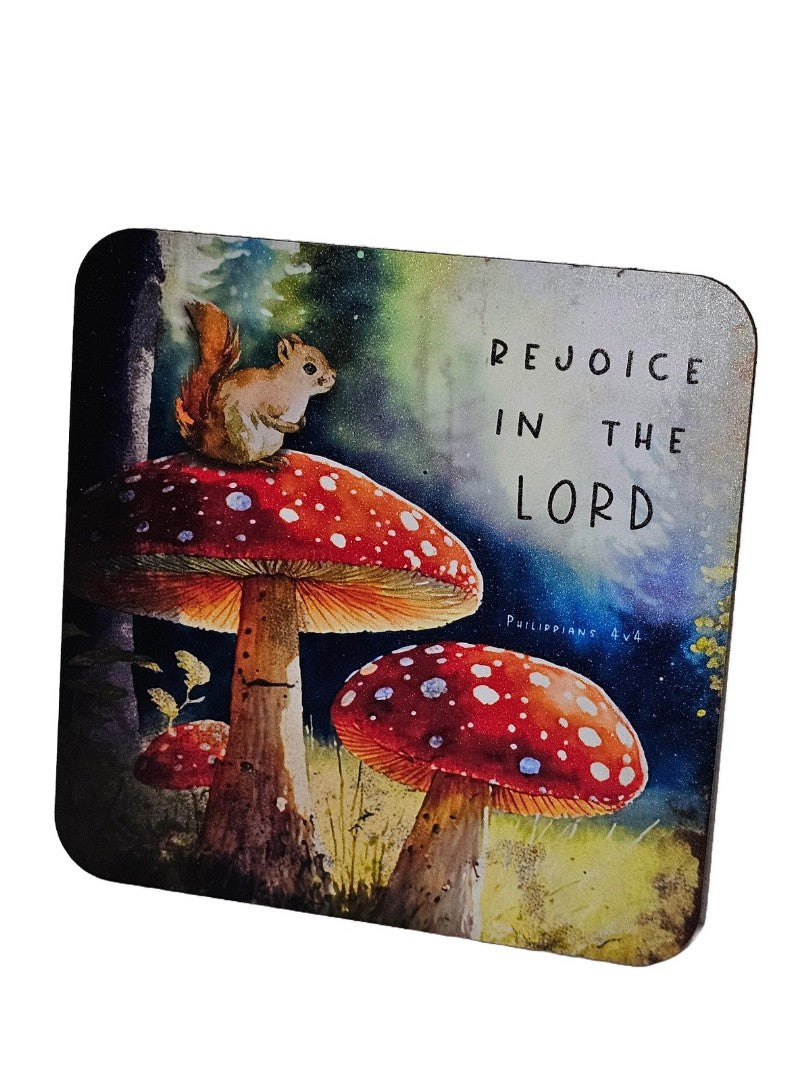 Bible Coaster - Rejoice In The Lord Toadstool And Squirrel - Re-vived