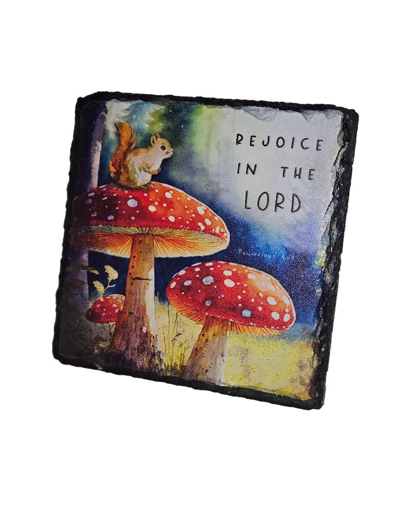 Bible Slate - Rejoice In The Lord Toadstool And Squirrel - Re-vived