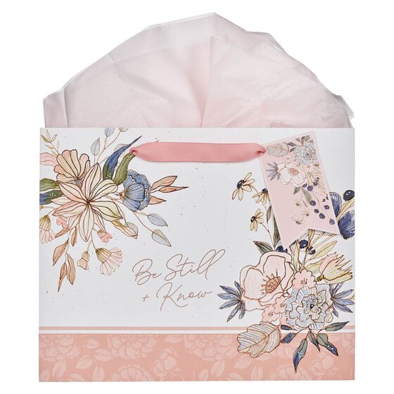 Gift Bag Lg Landscape Pink/Blue Floral Be Still Ps. 46:10