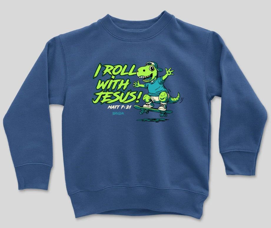 Dino Skateboard Kids Crew Fleece Small