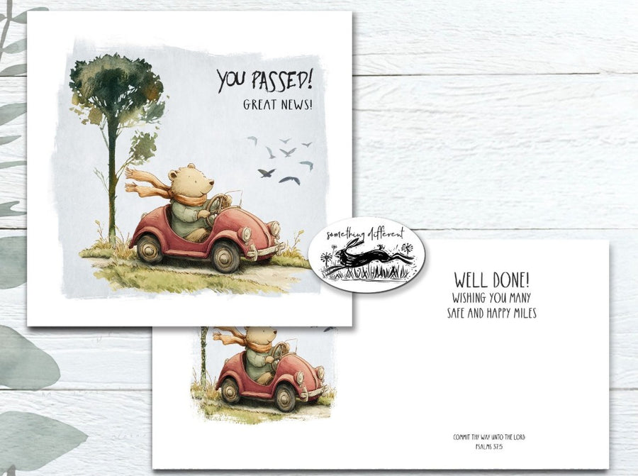 Bear in Car Passed Driving Test Card - Re-vived