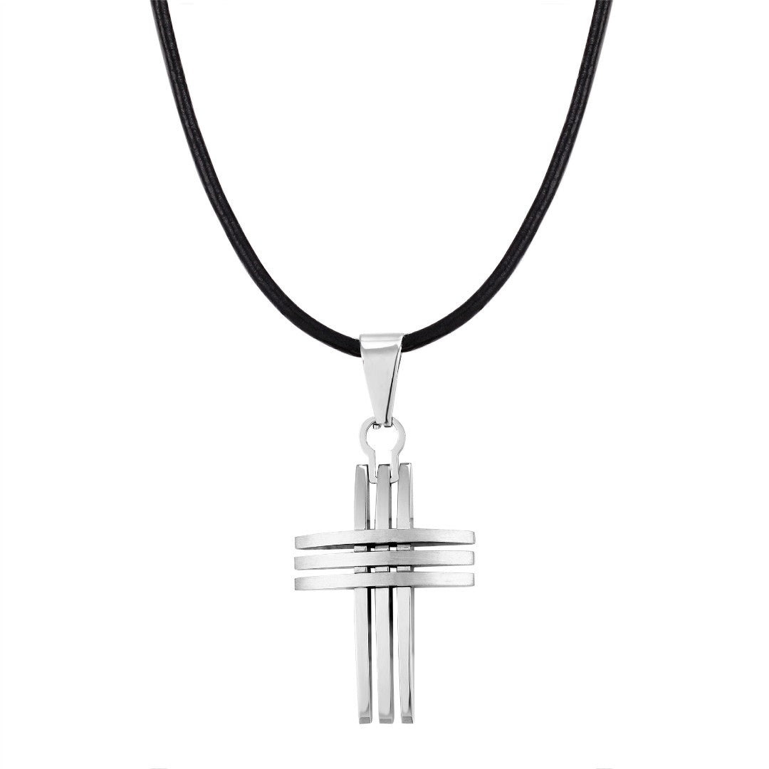Curved & Grooved Cross On Leather Cord