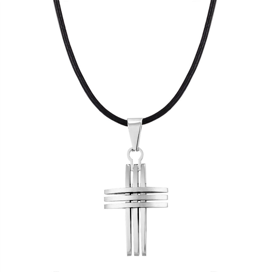 Curved & Grooved Cross On Leather Cord