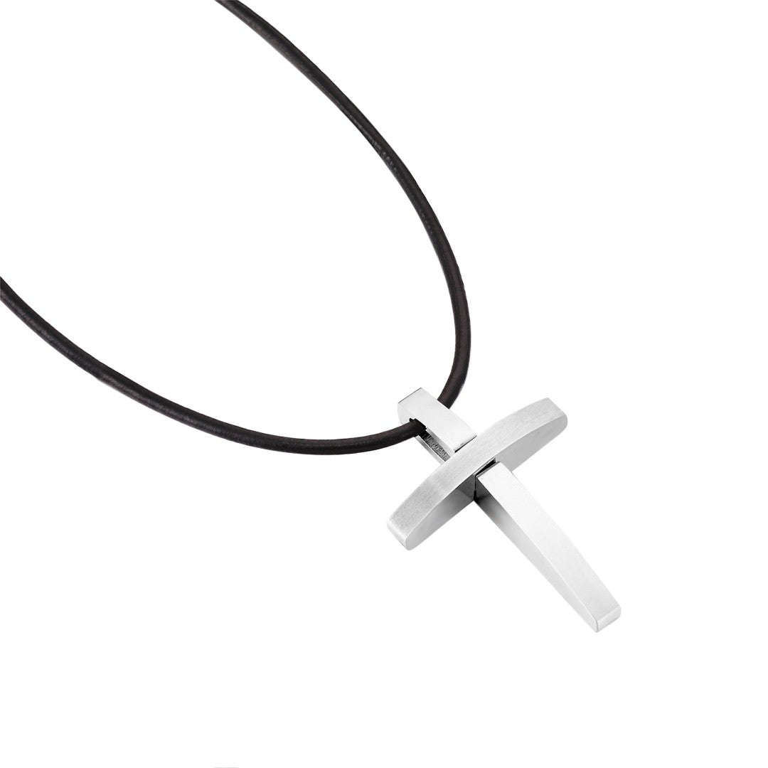 Curved Cross Pendant On Leather Cord