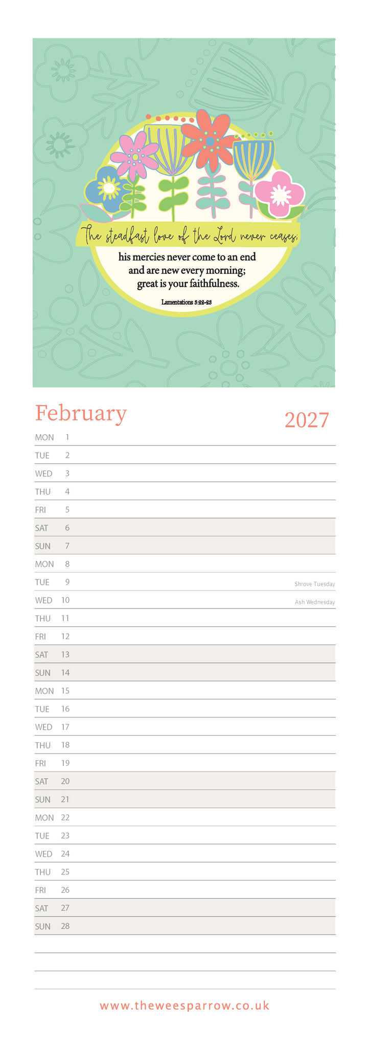 The Wee Sparrow 2027 Calendar (A3 slimline)