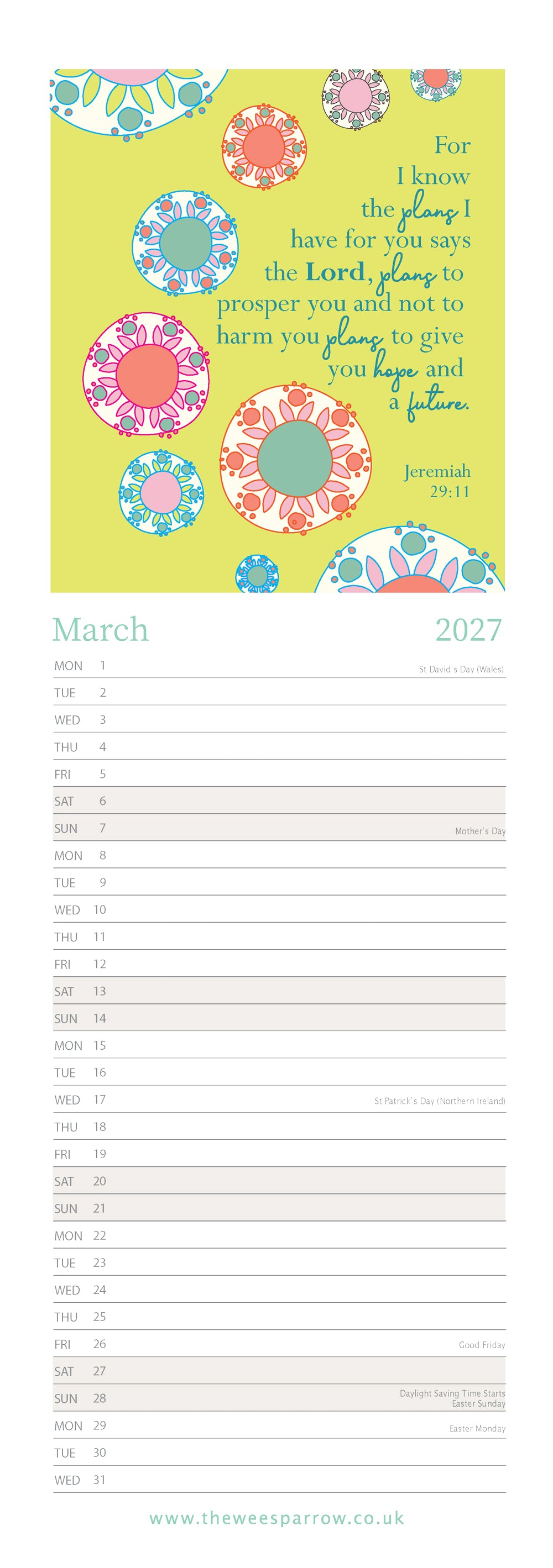 The Wee Sparrow 2027 Calendar (A3 slimline)