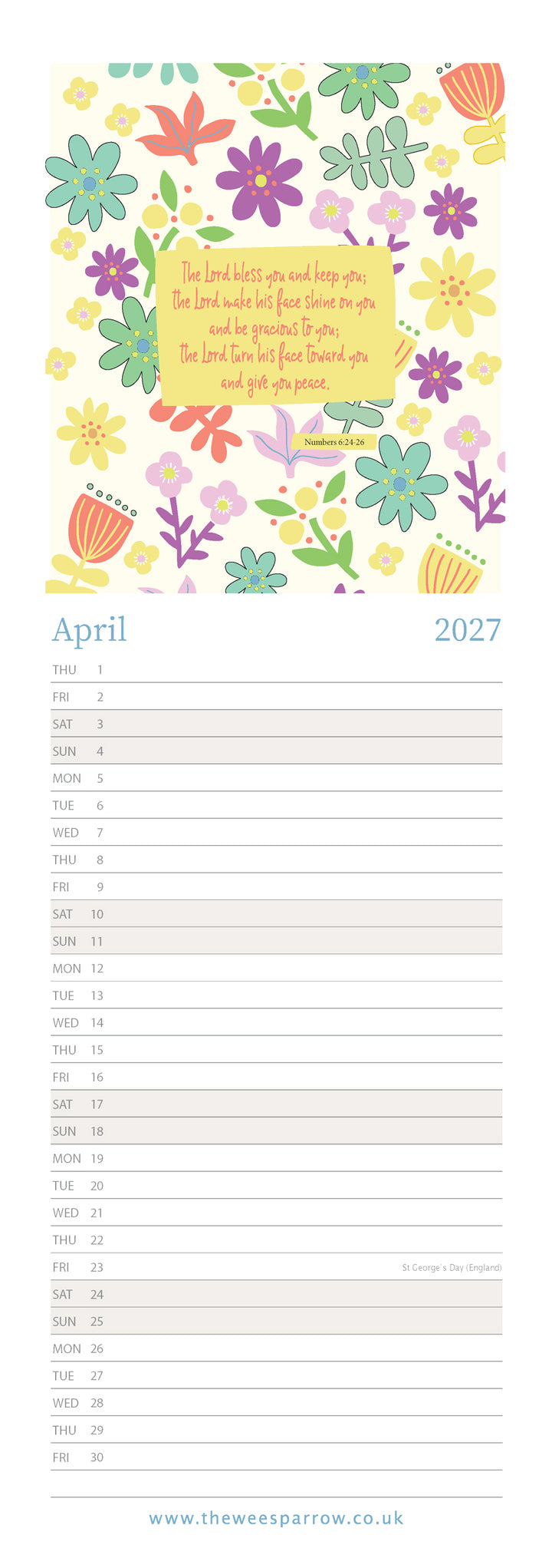 The Wee Sparrow 2027 Calendar (A3 slimline)