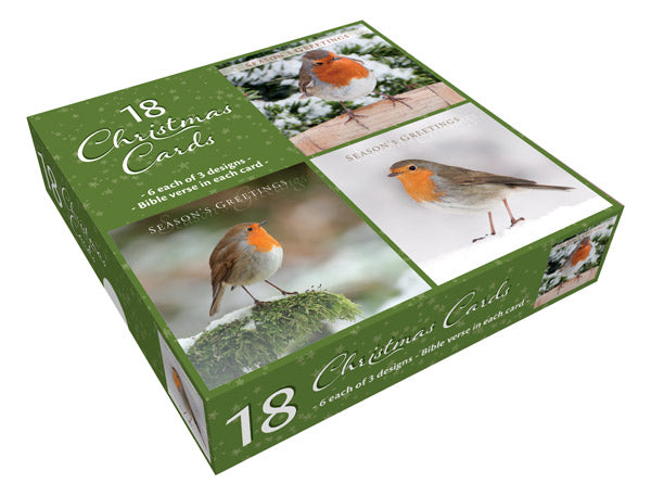 Christmas Cards: Robins (Green) Box of 18