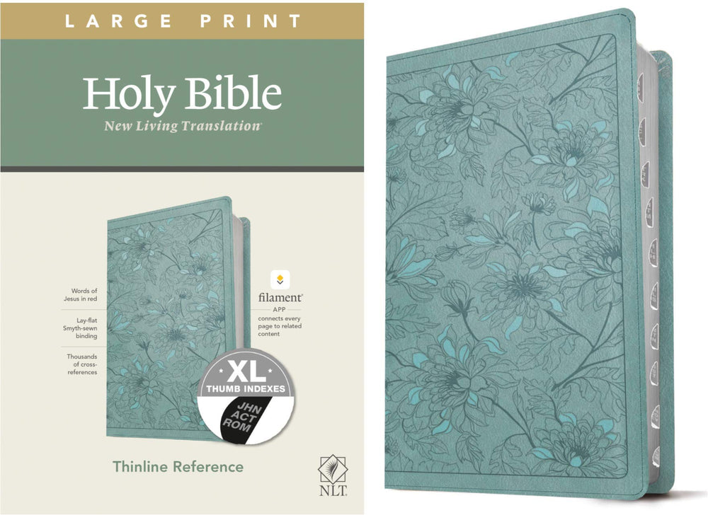 NLT Large Print Thinline Reference Bible, Filament Enabled Edition (Red Letter, LeatherLike, Floral Leaf Teal, Indexed) - Re-vived