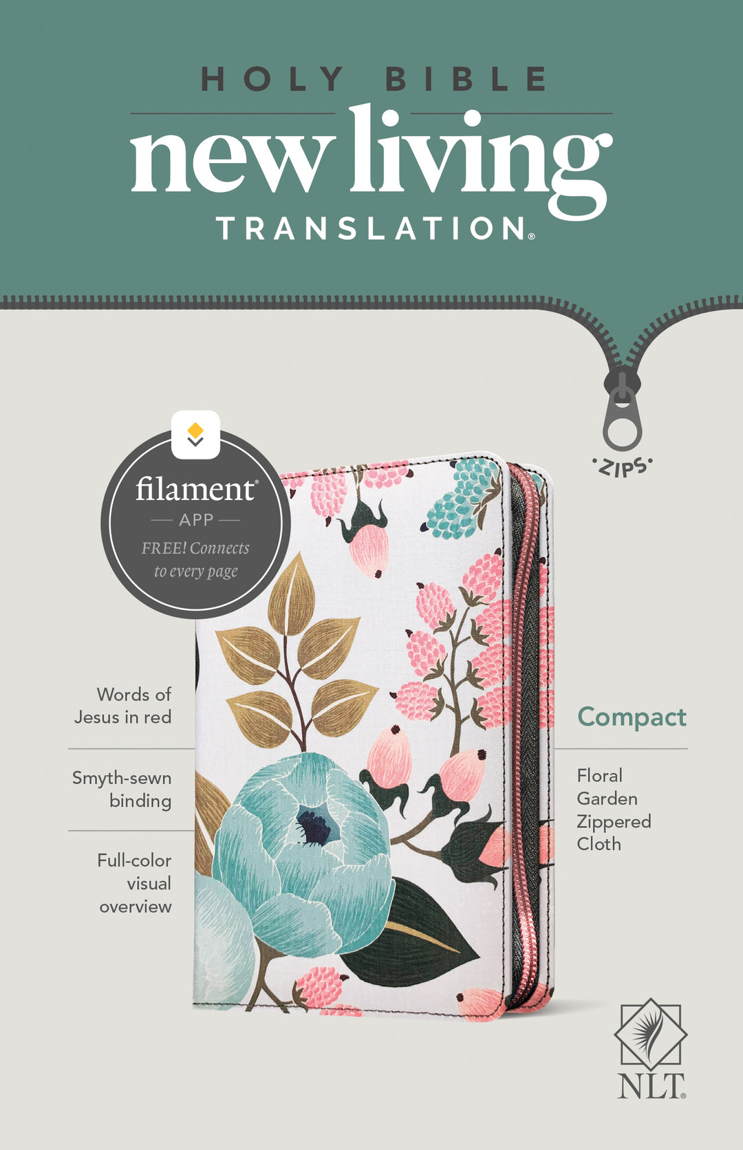NLT Compact Zipper Bible, Filament Enabled Edition, Floral - Re-vived