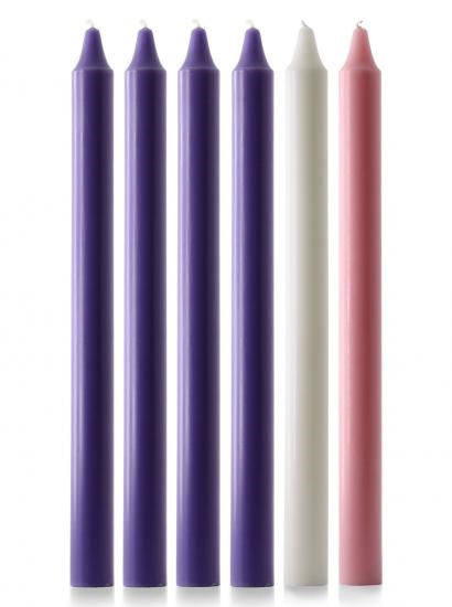 Advent Candle Set 15" x 1 1/8"- 4 Purple, 1 Pink, 1 White - Re-vived